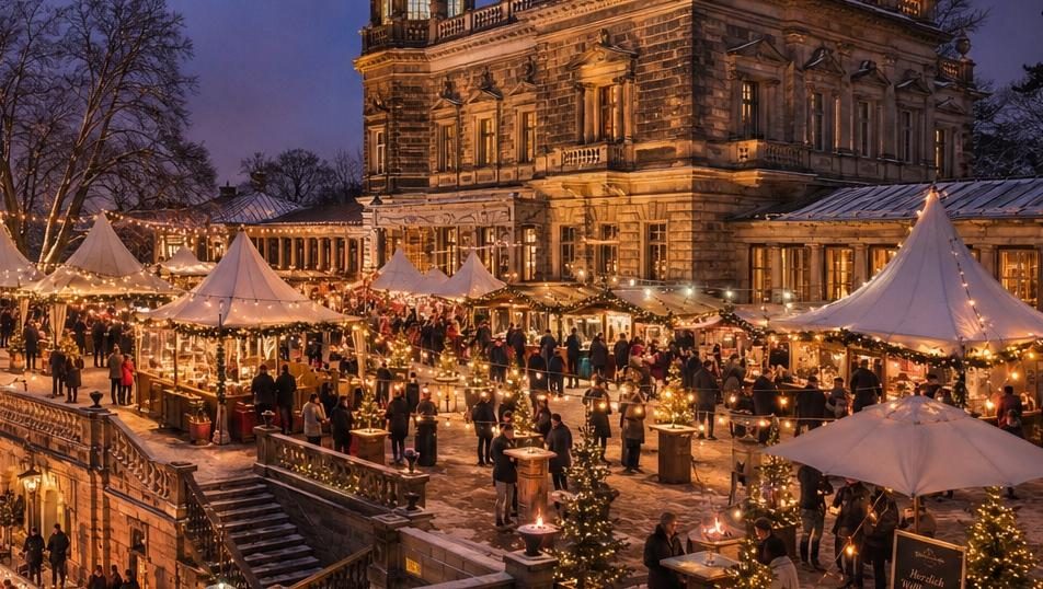 Konzeptdarstellung eines winterlichen Marktes vor dem Lingnerschloss